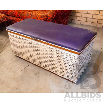 White Rattan Chest/Glory Box with Purple Vinyl Cushioned Top