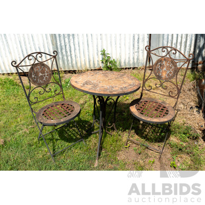 3 Piece Cast Iron Outdoor Setting with Terracotta Tiled Mosaic Style Round Table Top