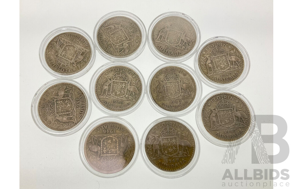 Ten Australian 1946(5) and 1947(5) Silver Florins .500