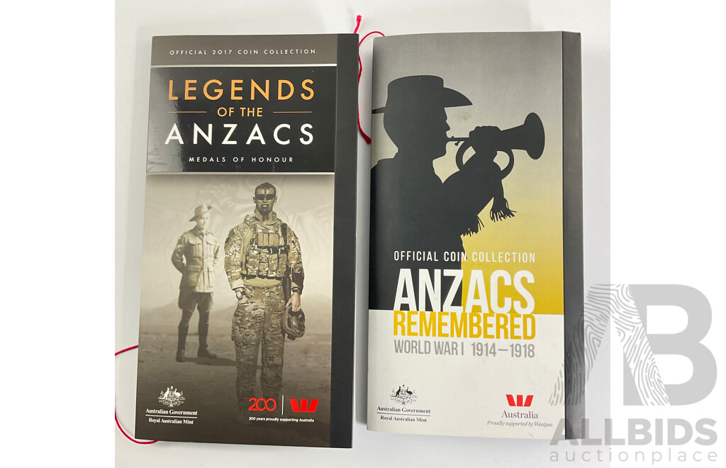 Two Australian ANZAC Twenty Cent Coin Folders, 2018 ANZACS Remembered and 2017 Legends of the ANZACS