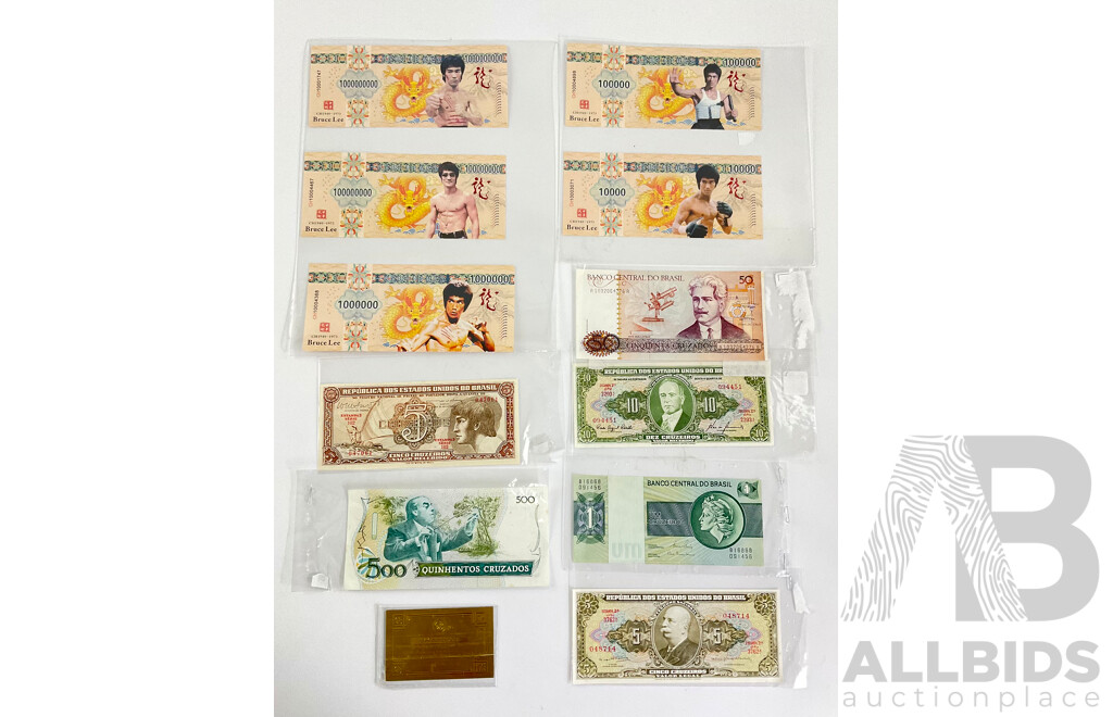 Six Brazillian Paper Bank Notes with Five Novelty Bruce Lee Bank Notes