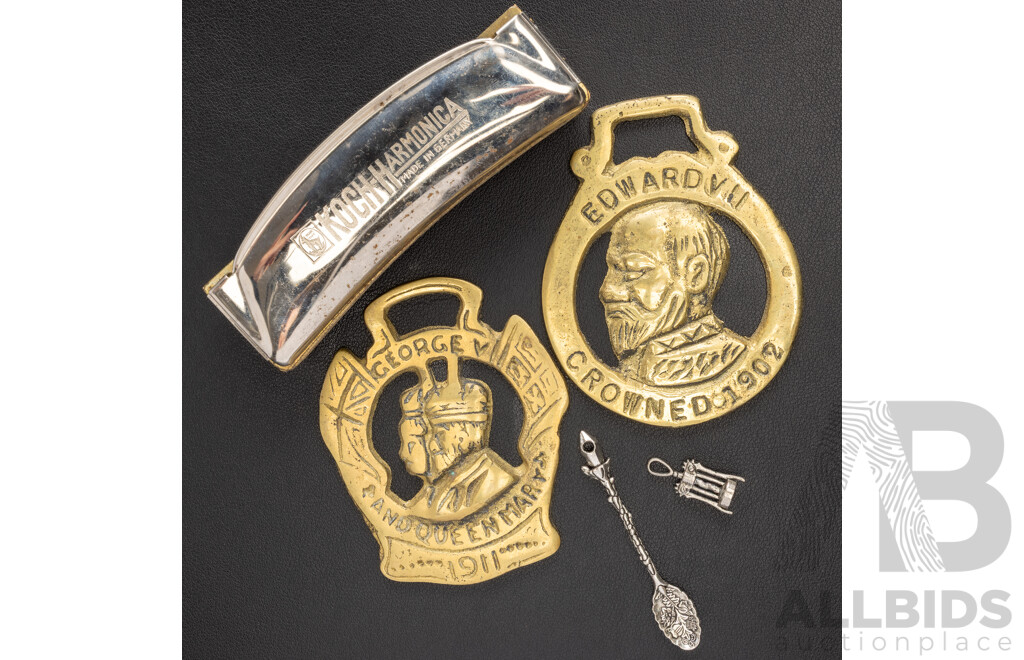 Antique (2) Horse Brass Commemorating Edward VII 1902 & George V and Queen Mary 1911, with Harmonica and Other Curios