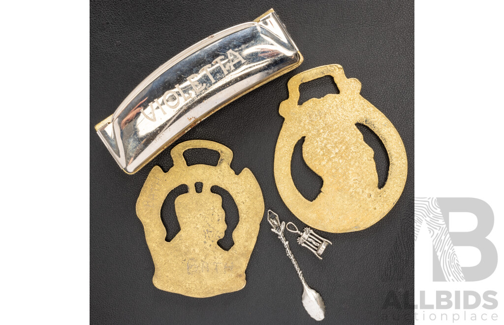 Antique (2) Horse Brass Commemorating Edward VII 1902 & George V and Queen Mary 1911, with Harmonica and Other Curios