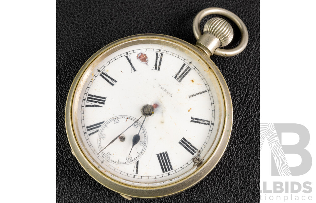 Antique Yezda 50mm Open Face Hunter Pocket Watch for Repair or Parts, Silver Plated, Dated (19)10