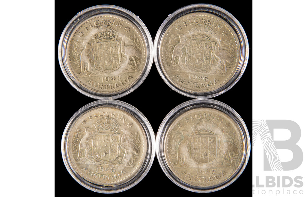 Four Australian Silver KGVI Florins, Two 1946 and Two 1947  .500