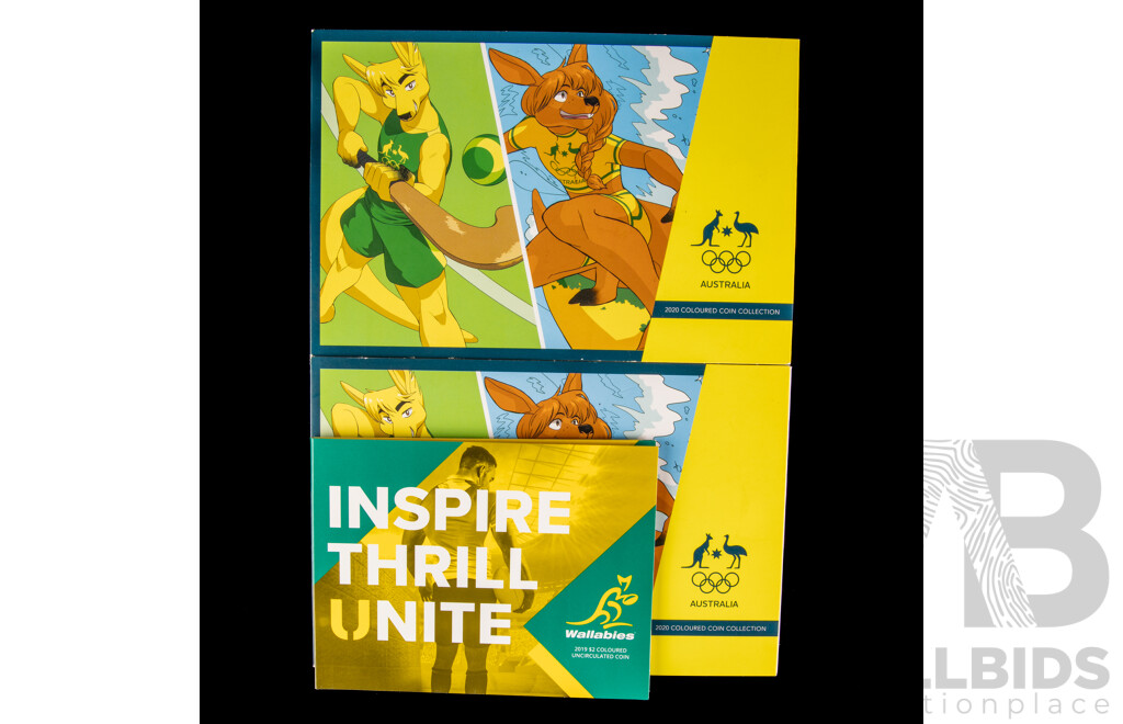 Three Australian RAM Coin Sets, 2020 Five Two Dollar Coin, Unleash the Spirit(2) and 2019 Two Dollar, Wallabies