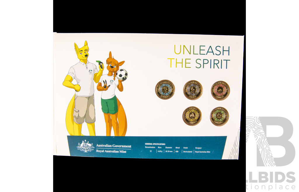 Three Australian RAM Coin Sets, 2020 Five Two Dollar Coin, Unleash the Spirit(2) and 2019 Two Dollar, Wallabies
