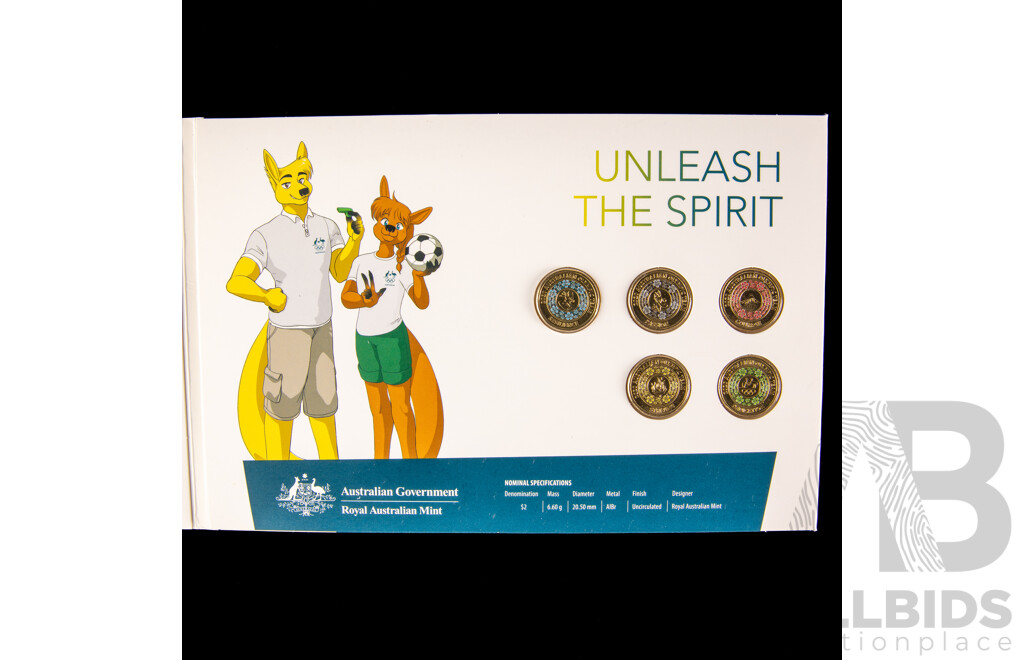 Three Australian RAM Coin Sets, 2020 Five Two Dollar Coin, Unleash the Spirit(2) and 2019 Two Dollar, Wallabies