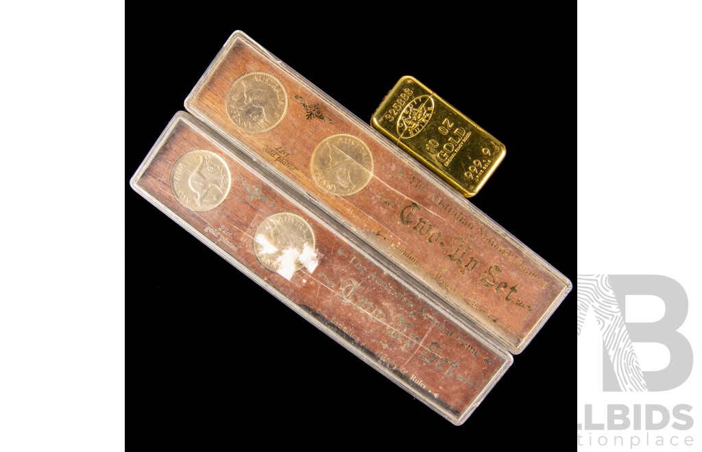 Two Australian 22ct Gold Plated Two Up Sets with Gold Bullion Style Cigarette Lighter