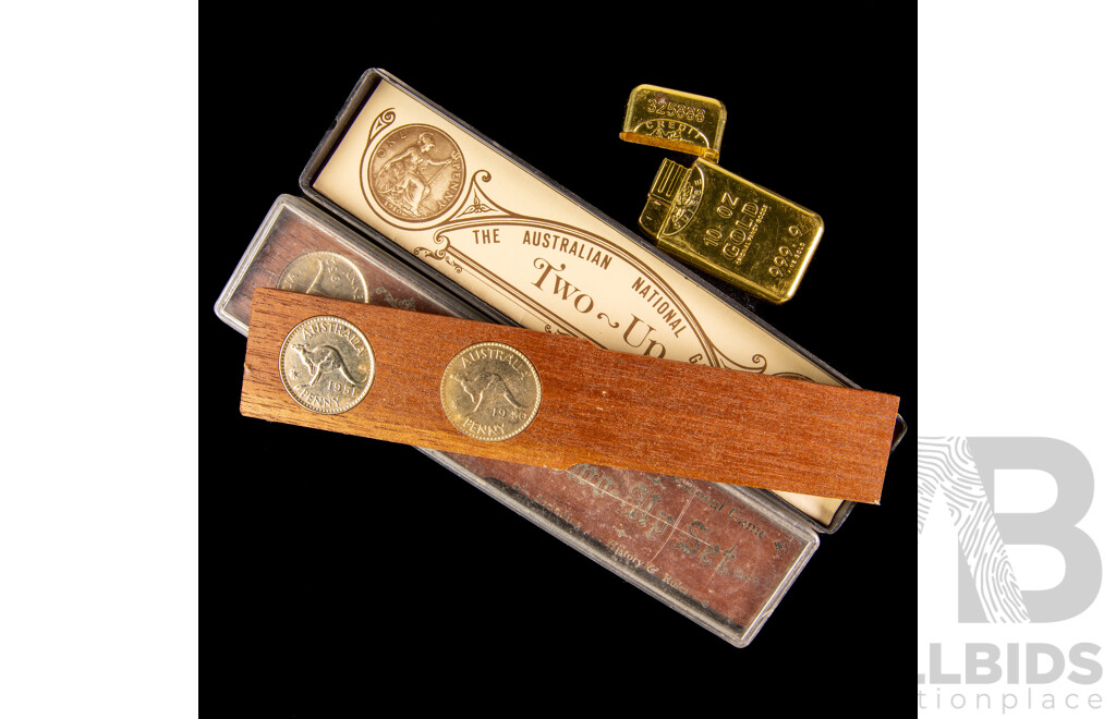 Two Australian 22ct Gold Plated Two Up Sets with Gold Bullion Style Cigarette Lighter
