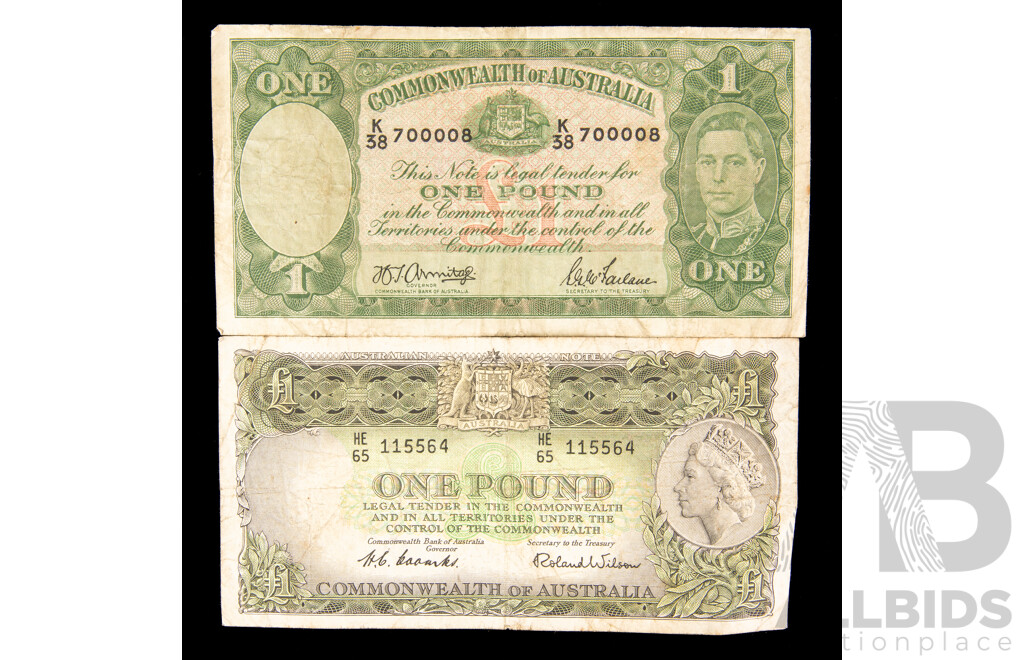 Two Australian One Pound Notes Including 1942 Armitage/McFarlane R30 K38 700008 and 1953 Coombs/Wilson R33 HE 115564