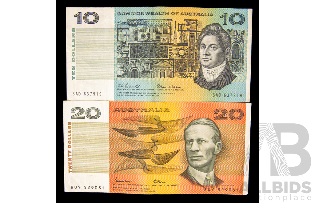 Australian 1985 Twenty Dollar Note, Johnston/Fraser R409a EUY 529081 and 1966 Twenty Dollar Coombs/Wilson, R301 SAD 637919
