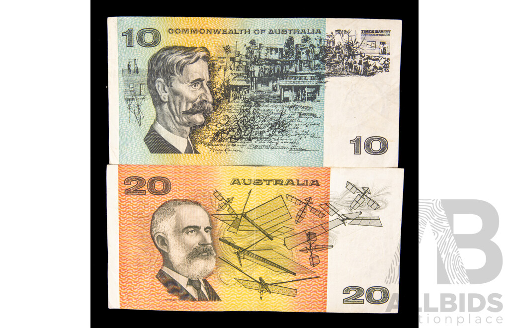 Australian 1985 Twenty Dollar Note, Johnston/Fraser R409a EUY 529081 and 1966 Twenty Dollar Coombs/Wilson, R301 SAD 637919