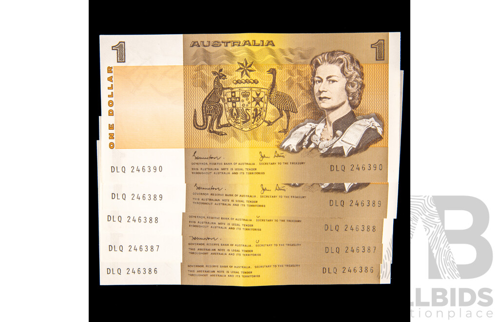 Five Australian 1982 One Dollar Notes, R78 Consecutive DLQ 246386 - DLQ 246390