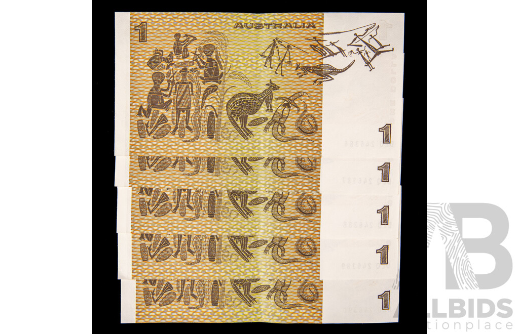 Five Australian 1982 One Dollar Notes, R78 Consecutive DLQ 246386 - DLQ 246390