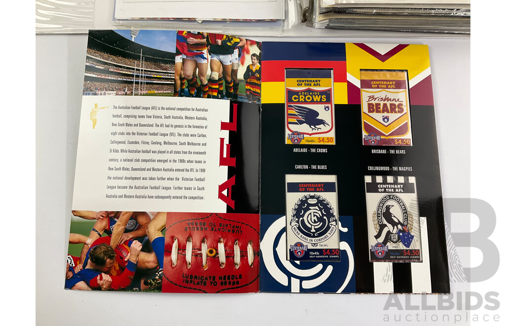 Australian 1996 AFL Centenary Stamp Booklet Collection with Album of First Day Covers Spanning 1992 to 1996
