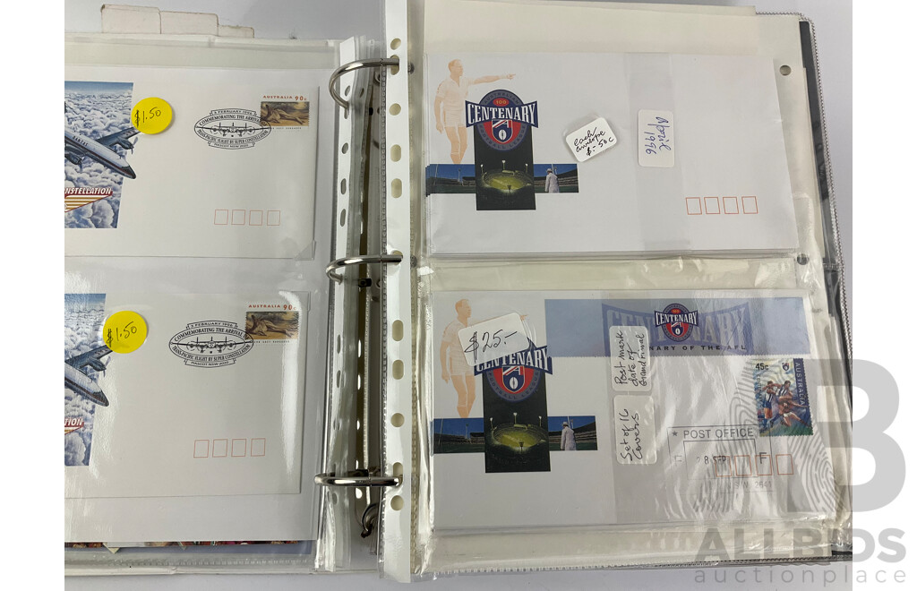 Australian 1996 AFL Centenary Stamp Booklet Collection with Album of First Day Covers Spanning 1992 to 1996