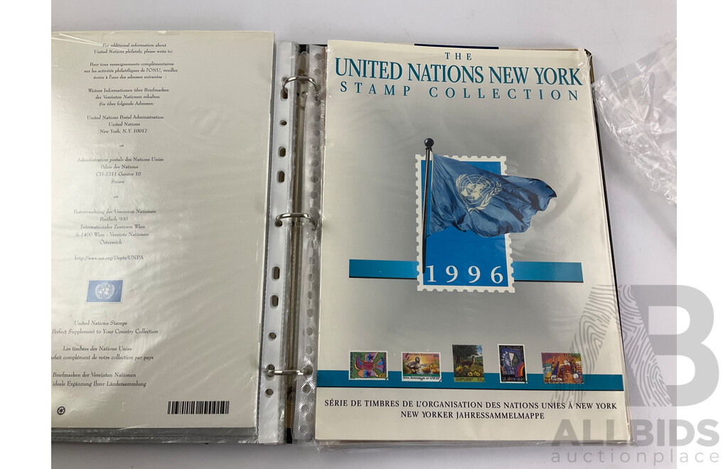 Eight Annual Stamp Albums Including Ireland 1997, 1998(2) United Nations New York 1993, 1994, 1995, 1996 1998