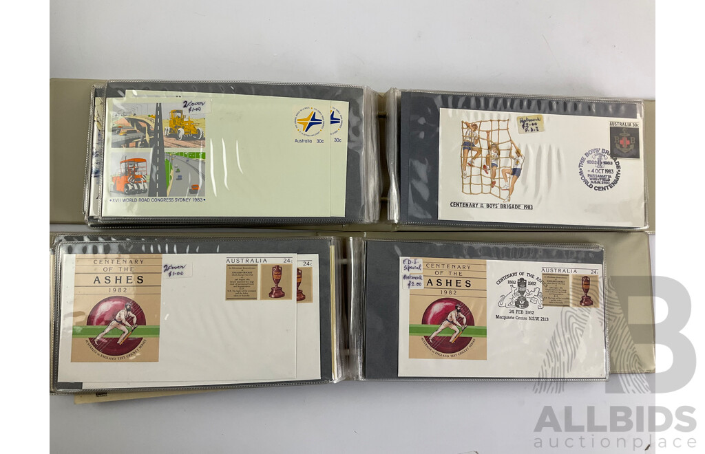 Four Alums of Australian First Day Covers and Pre-Stamped Envelopes, Examples Spanning 1980, 1981, 1982, 1983