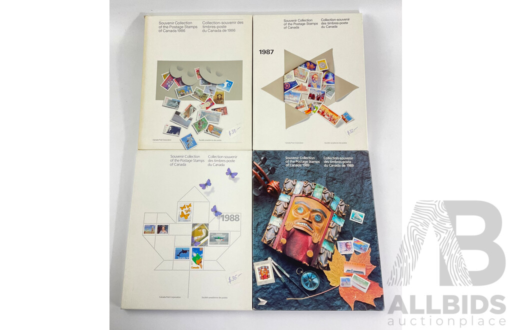 Four Canadian Souvenir Stamp Collection Albums, Consecutive Years 1986 to 1989