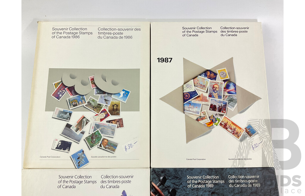 Four Canadian Souvenir Stamp Collection Albums, Consecutive Years 1986 to 1989