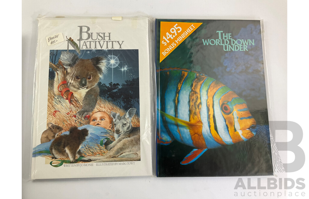 Seven Australian Postal Stamp Books Including Antarctica, International Year of the Family, Christmas Magic, the Women of Oz, Bush Nativity, the World Down Under, Australians Under Fire