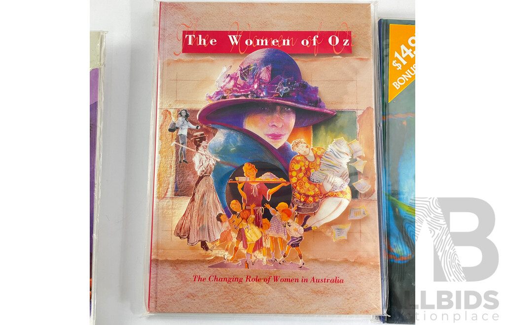 Seven Australian Postal Stamp Books Including Antarctica, International Year of the Family, Christmas Magic, the Women of Oz, Bush Nativity, the World Down Under, Australians Under Fire