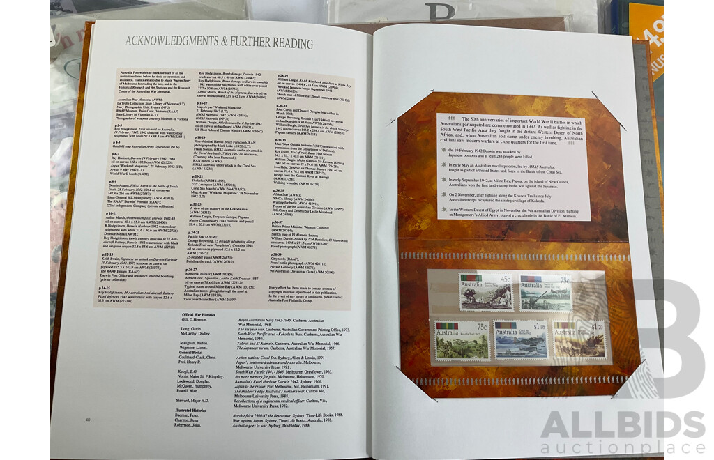 Seven Australian Postal Stamp Books Including Antarctica, International Year of the Family, Christmas Magic, the Women of Oz, Bush Nativity, the World Down Under, Australians Under Fire