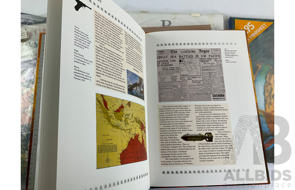 Seven Australian Postal Stamp Books Including Antarctica, International Year of the Family, Christmas Magic, the Women of Oz, Bush Nativity, the World Down Under, Australians Under Fire