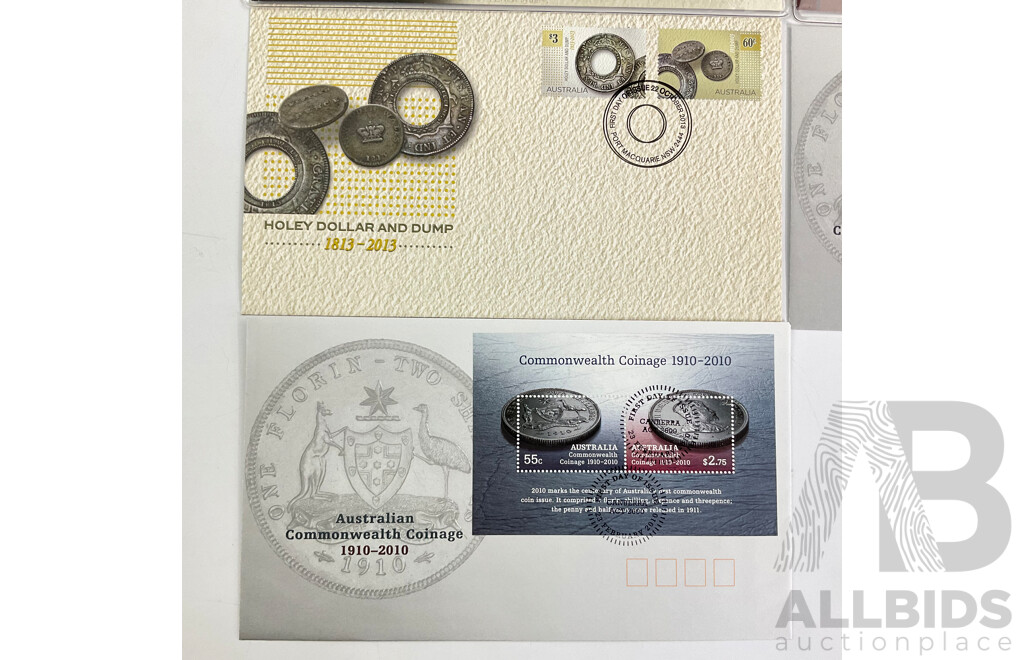 Australian 2013 Holey Dollar and Dump and 2010 Commonwealth Coinage PNC's with Matching First Day Covers
