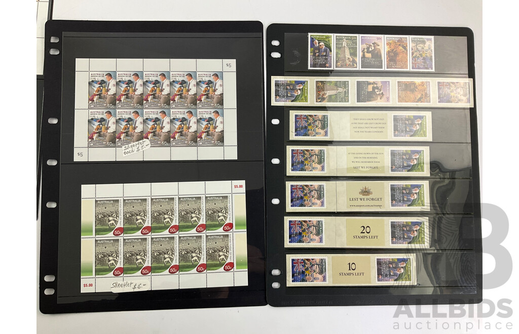 Australian Mint Stamp Blocks, Strips and Mini Sheets Including Quaratine Matters, Lest We Forget, Christmas, Green Power, Dogs - Face Value Over $70