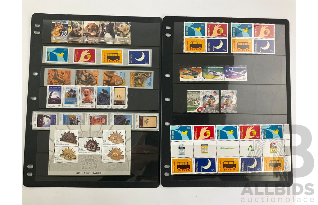 Australian Mint Stamp Blocks, Strips and Mini Sheets Including Quaratine Matters, Lest We Forget, Christmas, Green Power, Dogs - Face Value Over $70