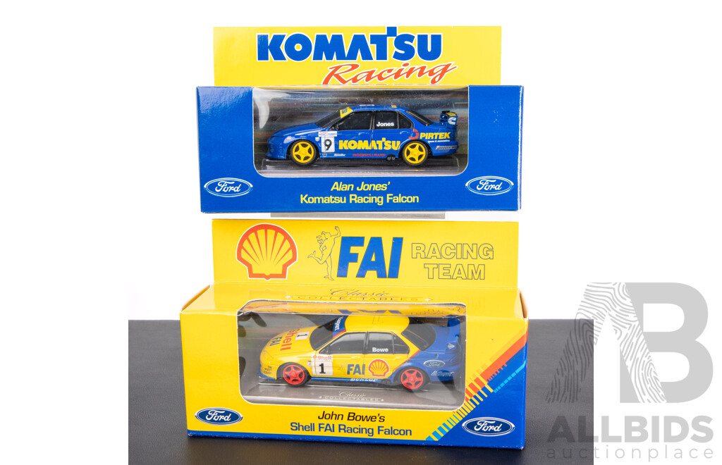 Two Classic Carlectables Diecast Ford Falcons, Alan Jones Komatsu Racing John Bowe FAI Racing - 1:43 Scale