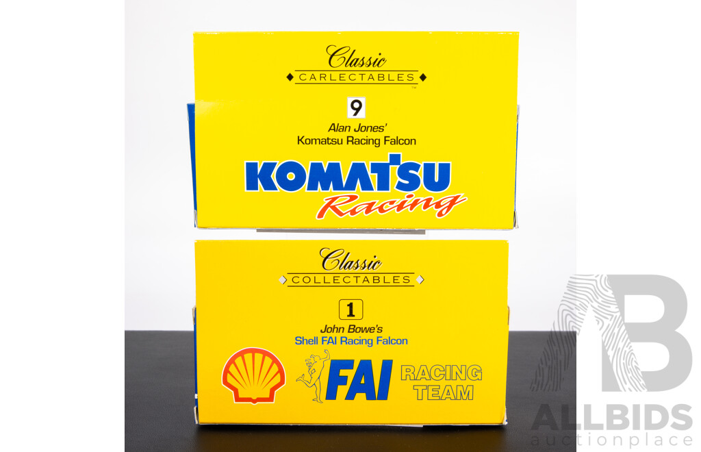 Two Classic Carlectables Diecast Ford Falcons, Alan Jones Komatsu Racing John Bowe FAI Racing - 1:43 Scale