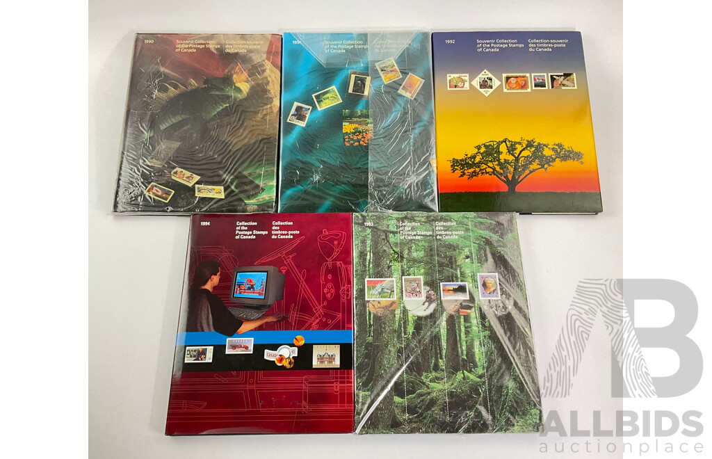 Five Canadian Souvenir Stamp Collection Albums, Consecutive Years 1990 to 1994