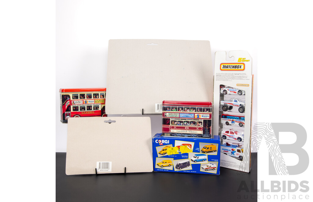 Collection of Boxed Diecast Vehicles Including Matcbox World Cup Set, Corgi Ford Escort Van, Proline Truck Sets, Two Beechworth Sweets Tin Buses