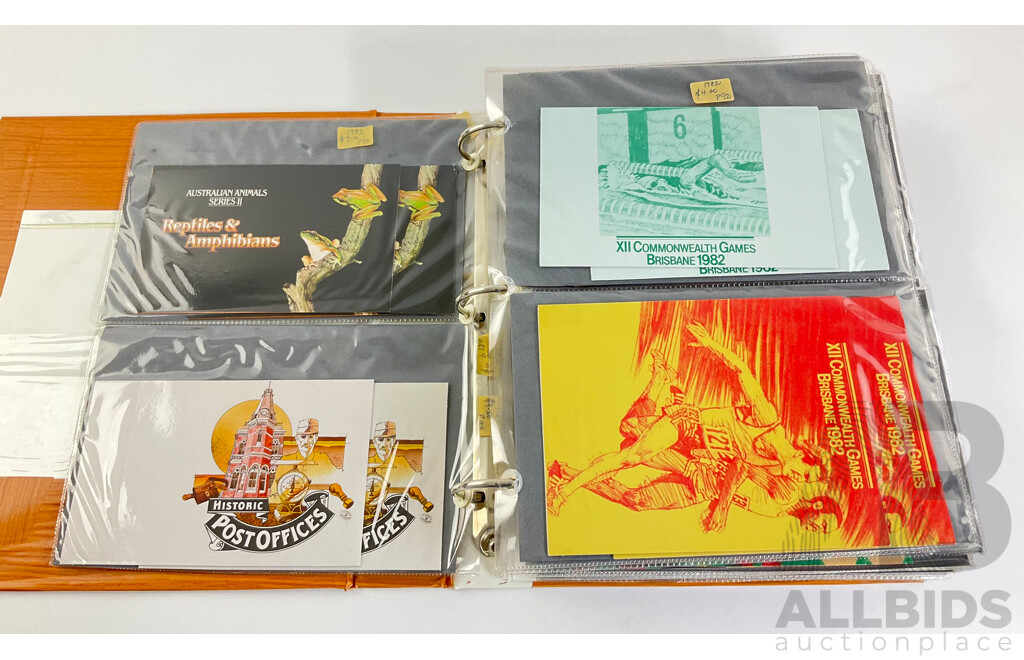 Album of Australian Stamp Packs, Examples Spanning 1982 to 1987 Including Christmas, Selected Issues Consecutive 1982 to 1987, Veteran & Vintage Cars, Clipper Ships, Americas Cup, Many Doubles