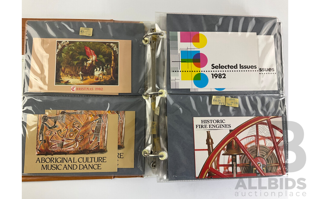 Album of Australian Stamp Packs, Examples Spanning 1982 to 1987 Including Christmas, Selected Issues Consecutive 1982 to 1987, Veteran & Vintage Cars, Clipper Ships, Americas Cup, Many Doubles