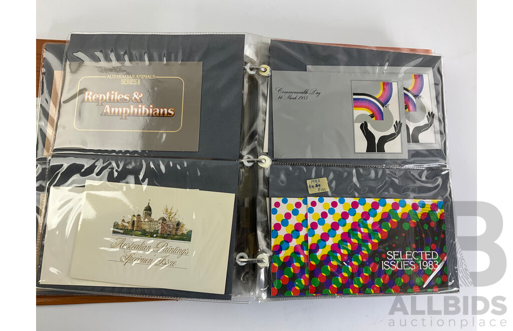 Album of Australian Stamp Packs, Examples Spanning 1982 to 1987 Including Christmas, Selected Issues Consecutive 1982 to 1987, Veteran & Vintage Cars, Clipper Ships, Americas Cup, Many Doubles