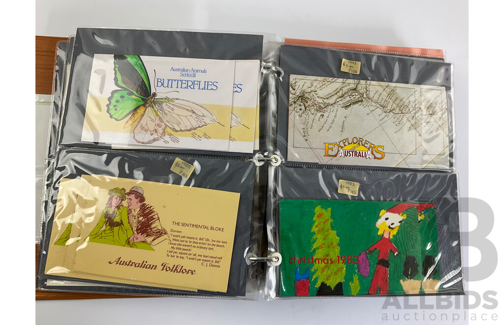 Album of Australian Stamp Packs, Examples Spanning 1982 to 1987 Including Christmas, Selected Issues Consecutive 1982 to 1987, Veteran & Vintage Cars, Clipper Ships, Americas Cup, Many Doubles