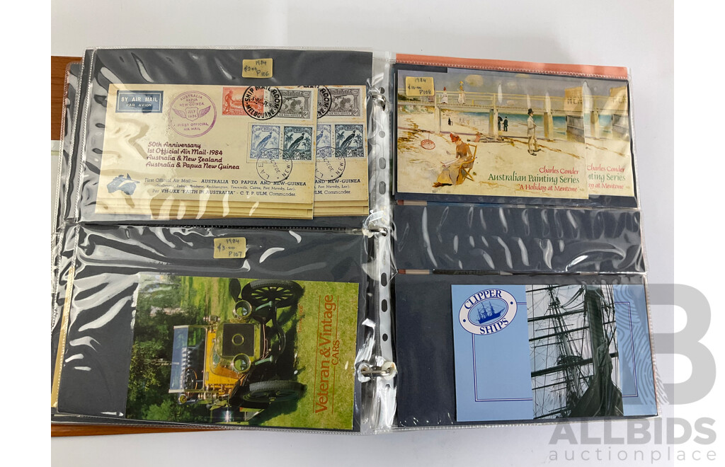 Album of Australian Stamp Packs, Examples Spanning 1982 to 1987 Including Christmas, Selected Issues Consecutive 1982 to 1987, Veteran & Vintage Cars, Clipper Ships, Americas Cup, Many Doubles