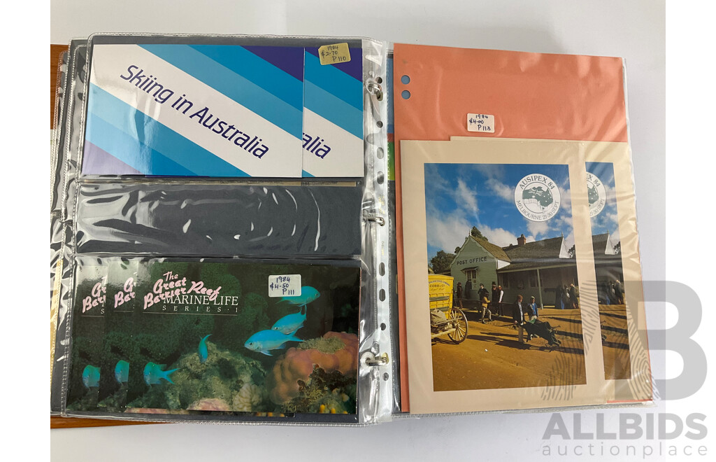 Album of Australian Stamp Packs, Examples Spanning 1982 to 1987 Including Christmas, Selected Issues Consecutive 1982 to 1987, Veteran & Vintage Cars, Clipper Ships, Americas Cup, Many Doubles