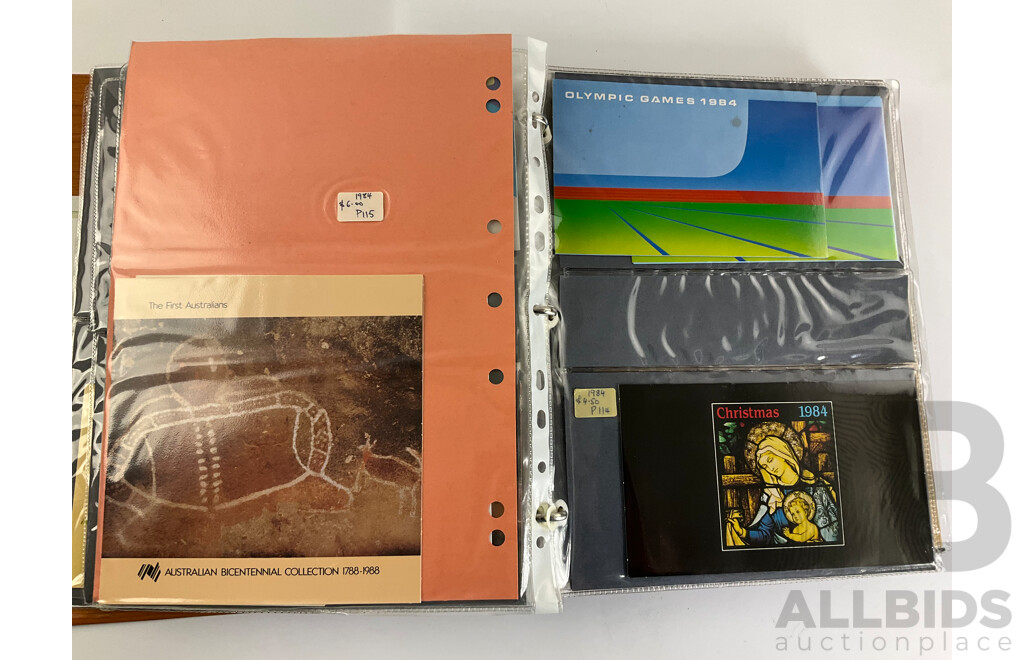 Album of Australian Stamp Packs, Examples Spanning 1982 to 1987 Including Christmas, Selected Issues Consecutive 1982 to 1987, Veteran & Vintage Cars, Clipper Ships, Americas Cup, Many Doubles