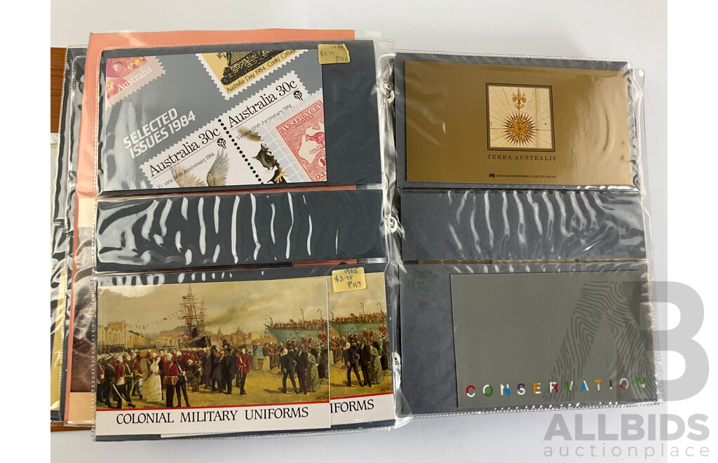 Album of Australian Stamp Packs, Examples Spanning 1982 to 1987 Including Christmas, Selected Issues Consecutive 1982 to 1987, Veteran & Vintage Cars, Clipper Ships, Americas Cup, Many Doubles