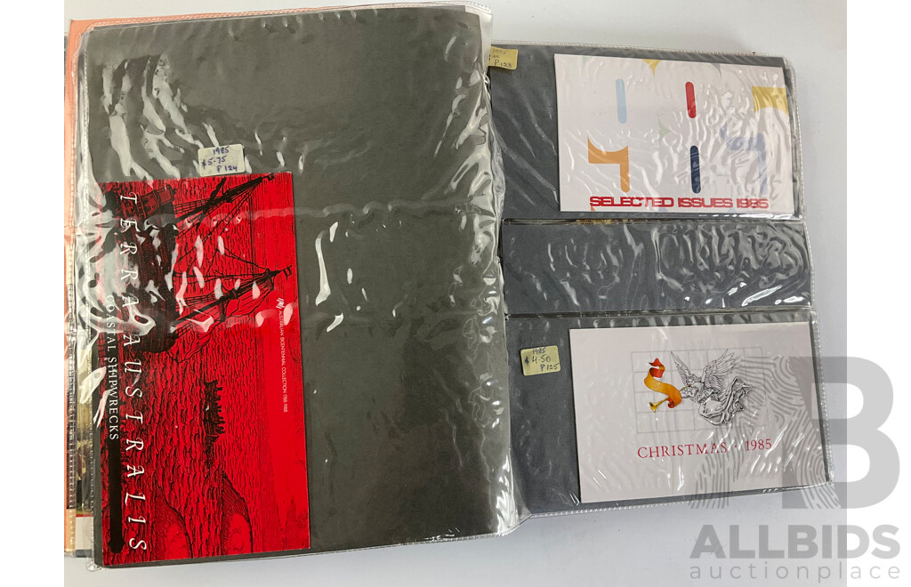 Album of Australian Stamp Packs, Examples Spanning 1982 to 1987 Including Christmas, Selected Issues Consecutive 1982 to 1987, Veteran & Vintage Cars, Clipper Ships, Americas Cup, Many Doubles