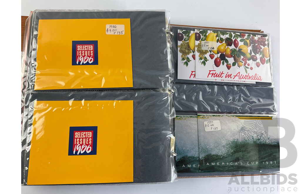 Album of Australian Stamp Packs, Examples Spanning 1982 to 1987 Including Christmas, Selected Issues Consecutive 1982 to 1987, Veteran & Vintage Cars, Clipper Ships, Americas Cup, Many Doubles
