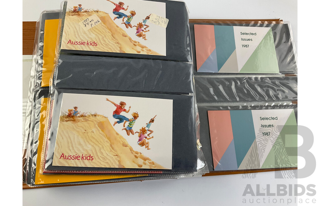 Album of Australian Stamp Packs, Examples Spanning 1982 to 1987 Including Christmas, Selected Issues Consecutive 1982 to 1987, Veteran & Vintage Cars, Clipper Ships, Americas Cup, Many Doubles