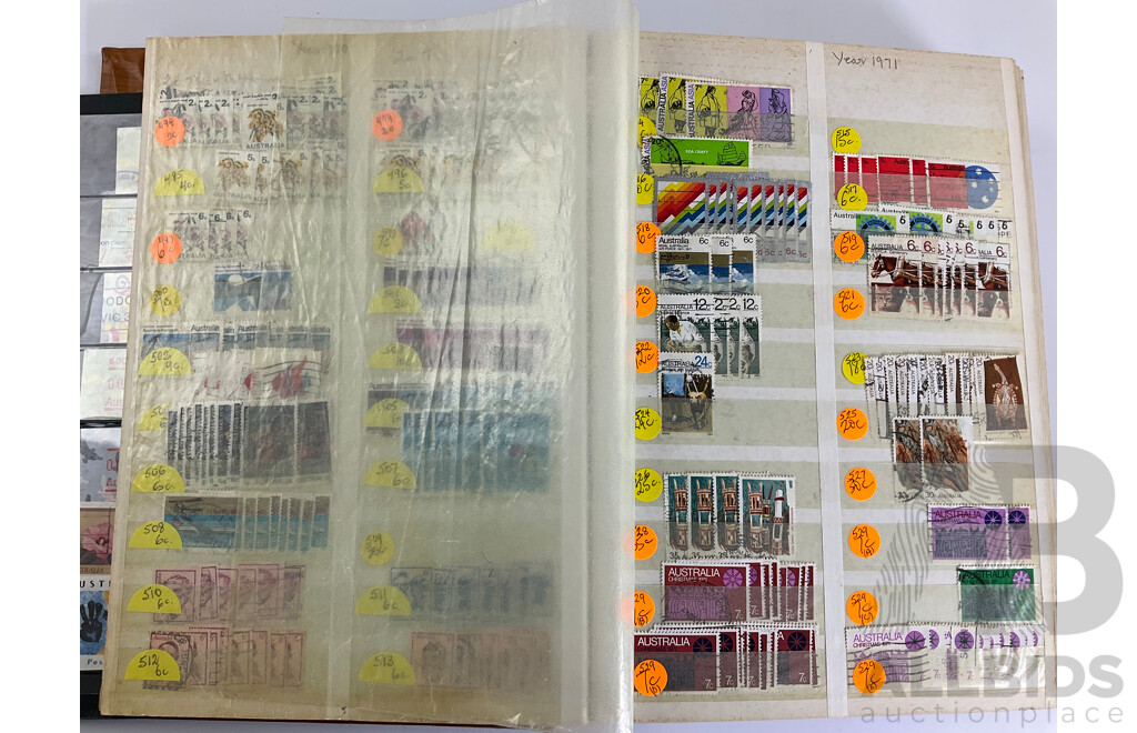 Album of Australian Stamps, Examples Spanning 1966 to 1990, Sets, Overprints, Many Multiples