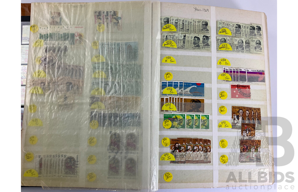 Album of Australian Stamps, Examples Spanning 1966 to 1990, Sets, Overprints, Many Multiples
