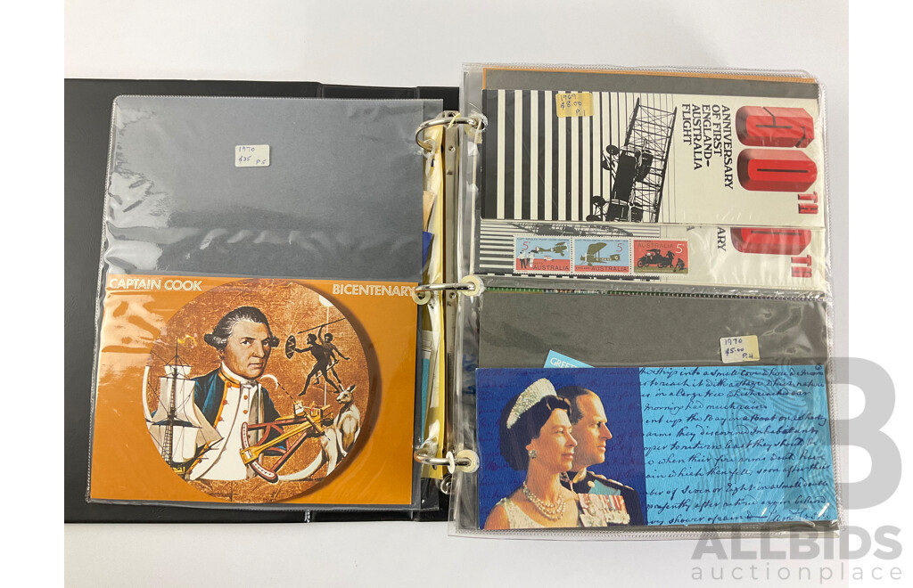 Album of Australian Stamp Packs, Examples Spanning 1969 to 1981, Many Doubles, Including Selected Issues, Coming South Ten Dollar and More